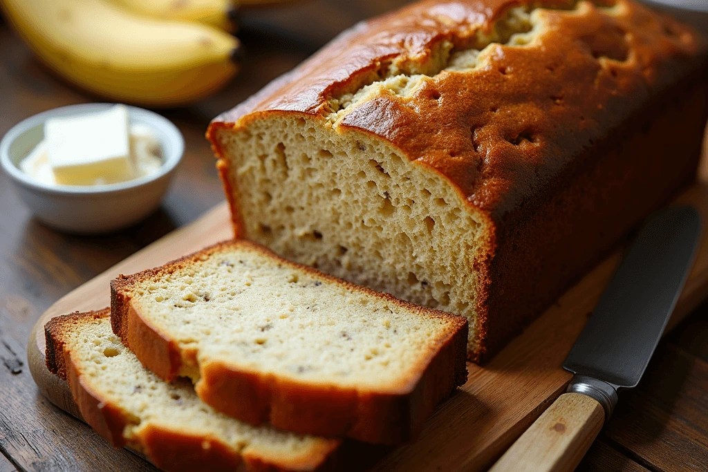 A freshly baked cottage cheese banana bread loaf on a wooden cutting board with a cup of tea.