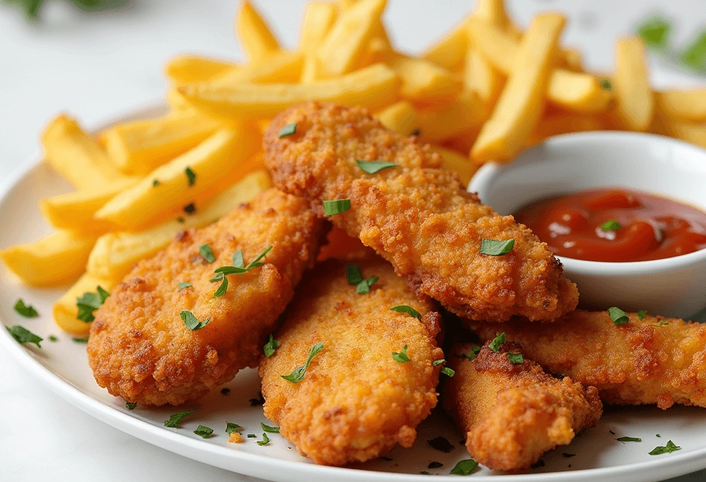 Crispy chicken tenders and fries served with dipping sauces on a white plate.