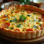 A golden-brown tortilla quiche bake, freshly sliced, with a crispy tortilla crust and a creamy, cheesy filling, garnished with fresh herbs.