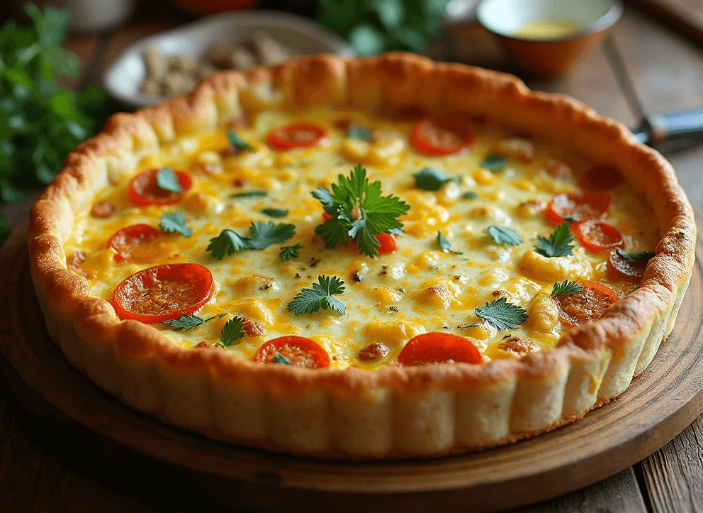 A golden-brown tortilla quiche bake, freshly sliced, with a crispy tortilla crust and a creamy, cheesy filling, garnished with fresh herbs.