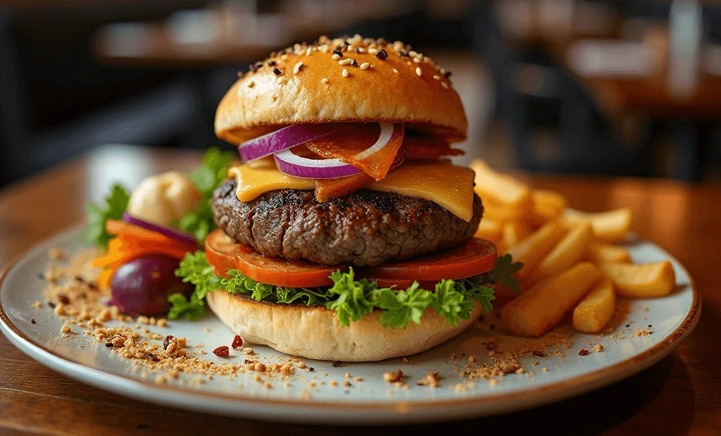 A beautifully plated deer burger recipe with fries and a fresh salad on the side.