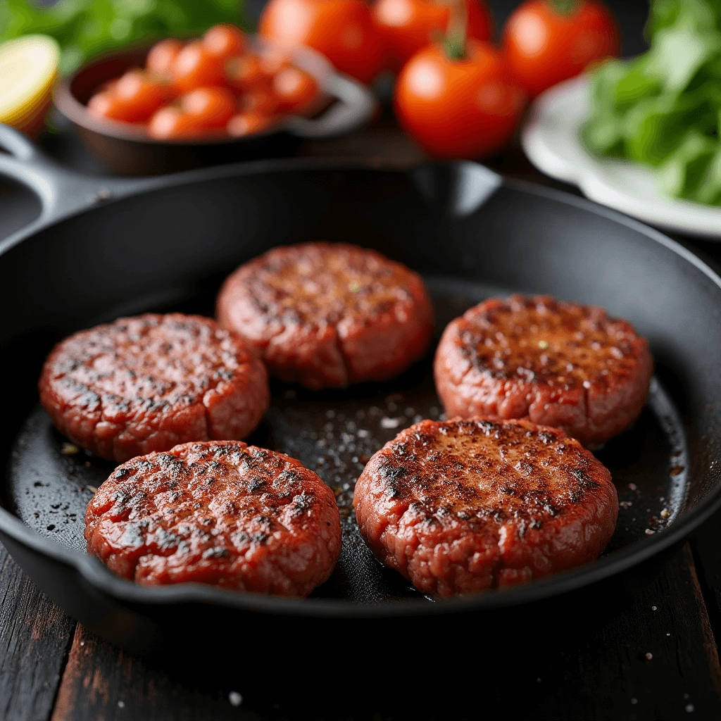 A deer burger recipe patty cooking in a cast-iron skillet with a sizzling sound.