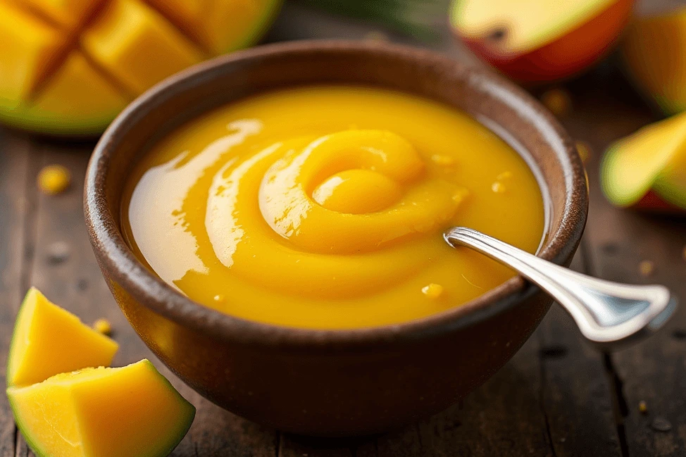 Vibrant mango sauce in a small bowl with fresh mango slices and mint leaves.