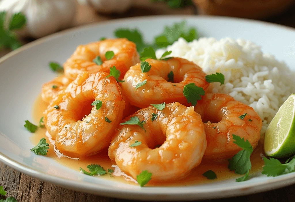 Creamy coconut shrimp served with rice, garnished with cilantro and lime.