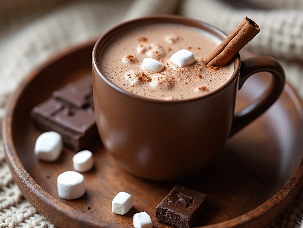 A warm, comforting mug of bone broth hot chocolate with a cinnamon stick and marshmallows.