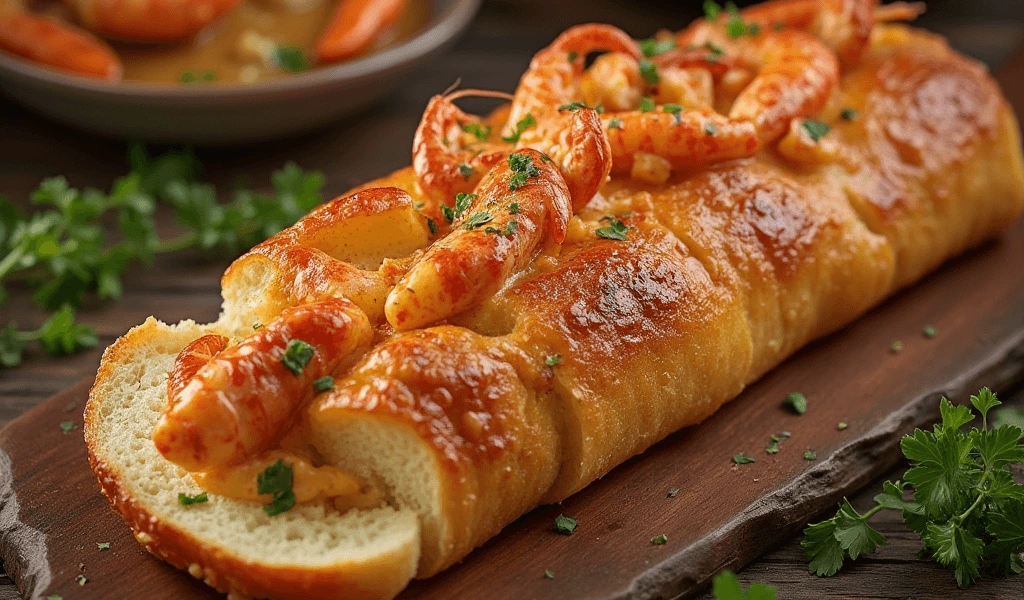 Crawfish bread recipe with melted cheese and flavorful Cajun filling, served on a plate.
