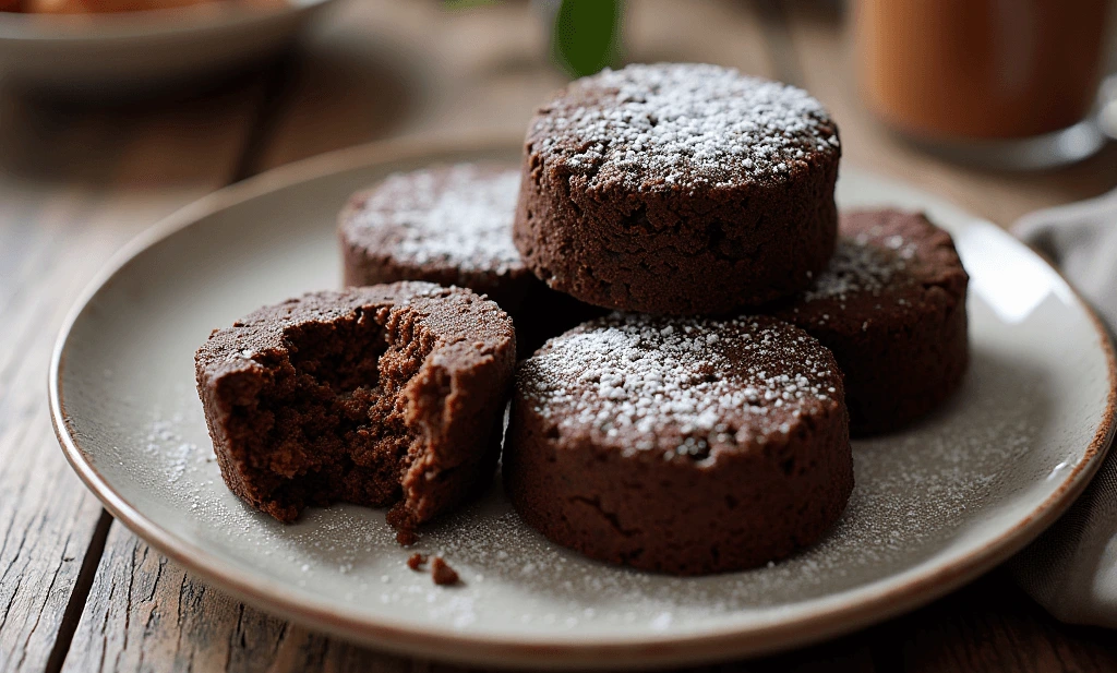 Delicious rice chocolate cakes with a rich chocolate glaze and a sprinkle of powdered sugar