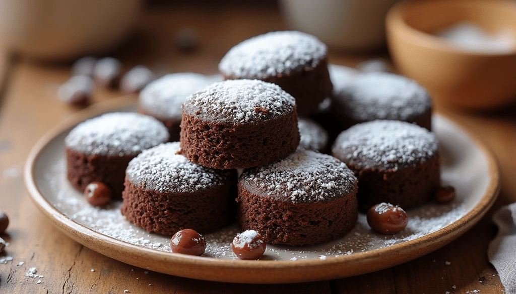 Steps of making rice chocolate cakes: mixing, baking, and rising