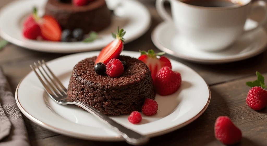 Rice chocolate cakes served on elegant plates with a cup of tea