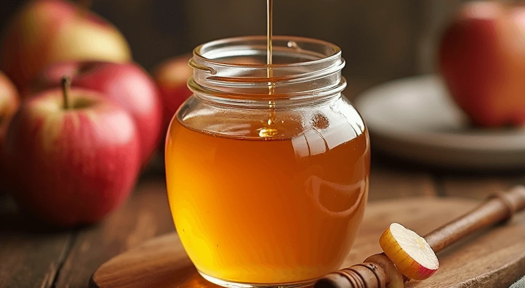 A jar of homemade apple honey surrounded by fresh apples, honey drizzling from a spoon, and a rustic wooden table.