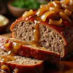 A freshly baked French onion meatloaf Recipe sliced to reveal its juicy texture, topped with caramelized onions and rich gravy.