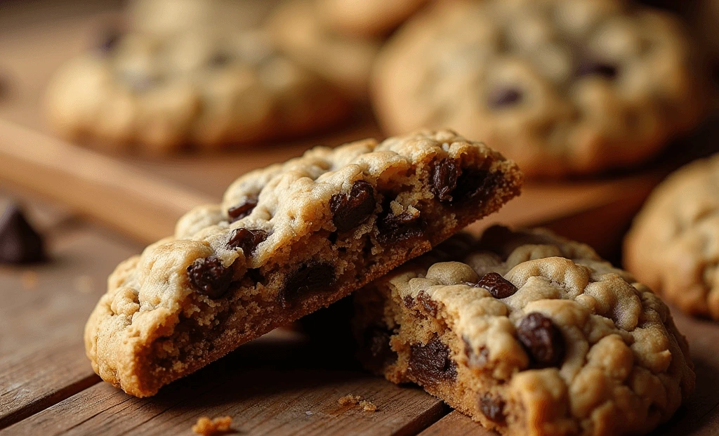 Close-up of oatmeal raisin chocolate chip cookies on a plate