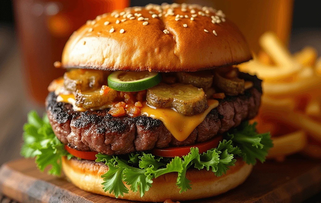 Delicious ribeye sandwich with juicy steak, melted cheese, and fresh vegetables on toasted buns