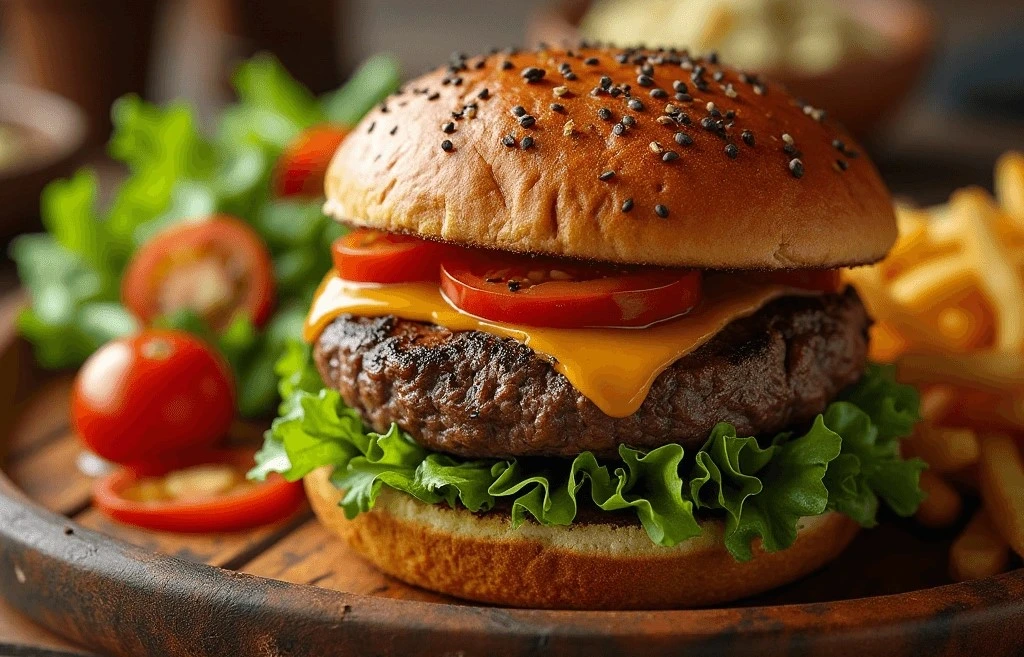 A freshly cooked deer burger recipe served on a rustic wooden board with lettuce, tomato, and a golden-brown bun.
