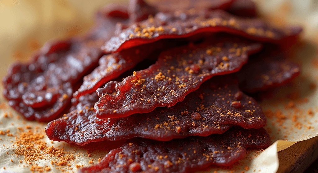 Homemade ground venison jerky strips on a wooden board with spices and dried herbs.