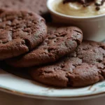 Close-up of thin, crispy chocolate cookies without chocolate chips, showcasing their golden-brown texture.