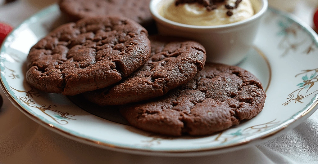 Close-up of thin, crispy chocolate cookies without chocolate chips, showcasing their golden-brown texture.