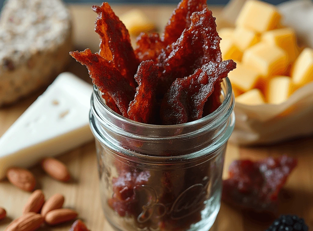 Venison jerky served with cheese, nuts, and dried fruit in a snack-friendly layout.