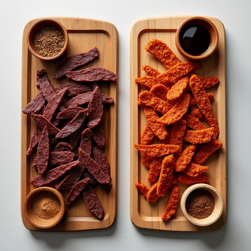 Ground venison jerky strips arranged on a wooden board with spices and herbs.