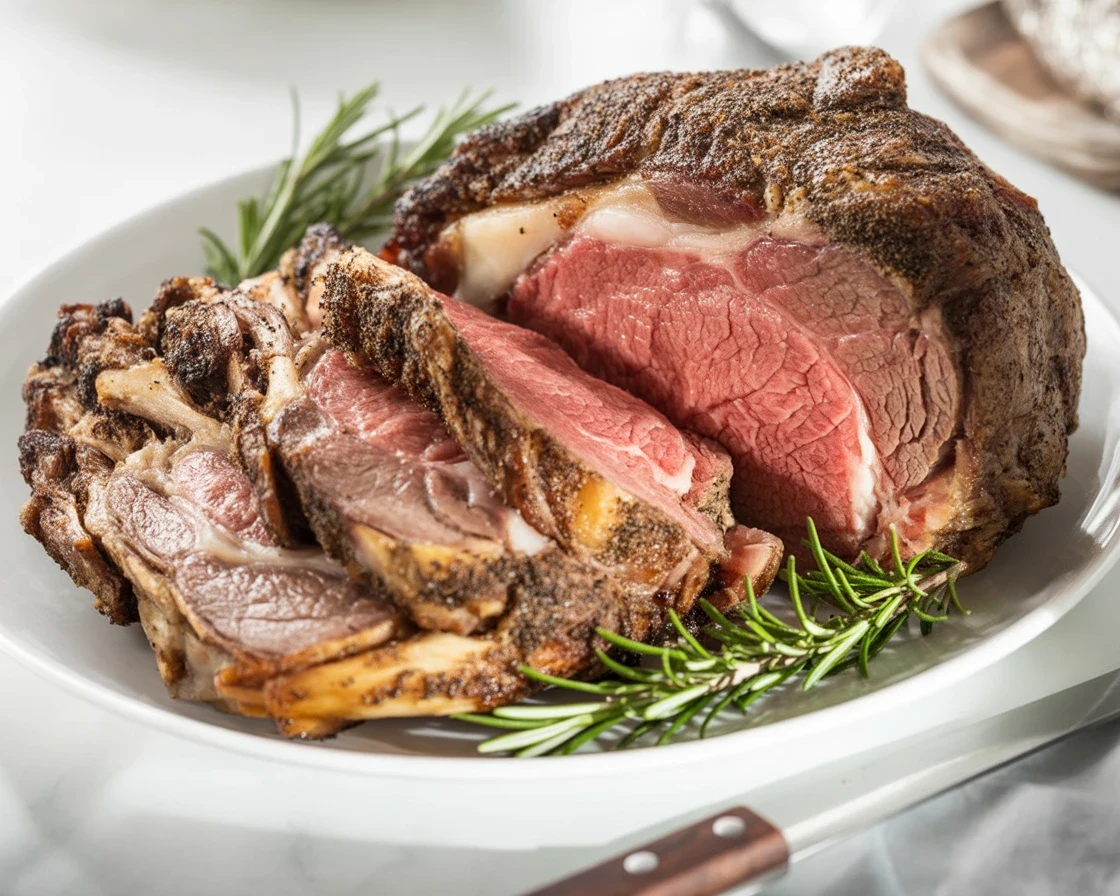 Juicy ribeye roast cooked with butter and herbs, served as a gourmet main dish.